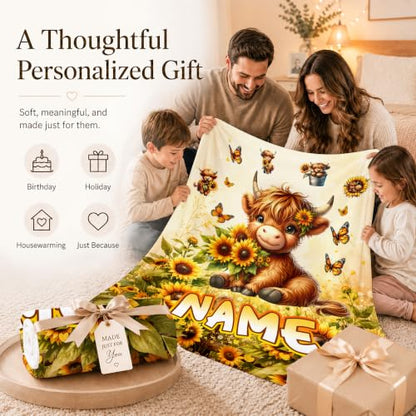 Yellow Highland Cow Personalized Kids Blanket - Custom Girl Throw for Sofa