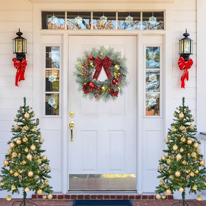 Artificial Christmas Wreath 20 Inch with Pine Needles Red Berries Pine Cones Buffalo Plaid Bow Christmas Decorations for Front Door - Red