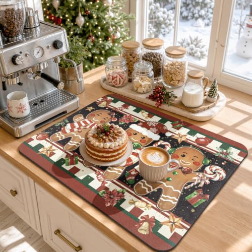 Christmas Dish Drying Mat Gingerbread Candy Cane 12x20 Inch - Holiday Kitchen Decor