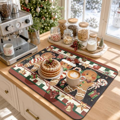 Christmas Dish Drying Mat Gingerbread Candy Cane 12x20 Inch - Holiday Kitchen Decor