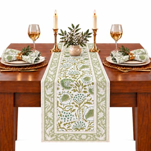 Agate Green Cotton Table Runner 16x106 Inches Floral Hand-Block Print