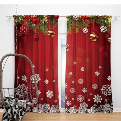 Snowflake Christmas Window Curtains 82x84 Inches - Holiday Decor for Bedroom & Living Room - 2 Panel
