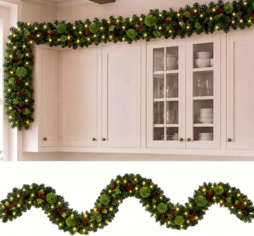 9FT Christmas Garland with Lights for Above Cabinets - Holiday Decor
