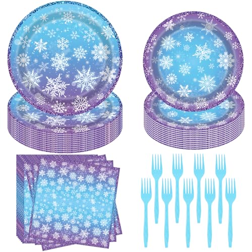 Disposable Snowflake Party Plates Napkins Forks Set for Winter Wonderland Christmas