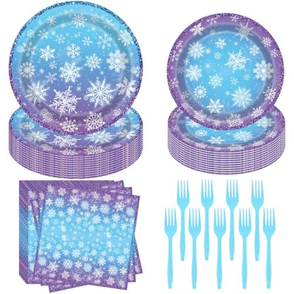 Disposable Snowflake Party Plates Napkins Forks Set for Winter Wonderland Christmas