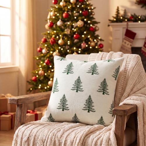 Artscope Christmas Chenille Pillow Covers 20x20 Inch Set of 2 - Beige & Green