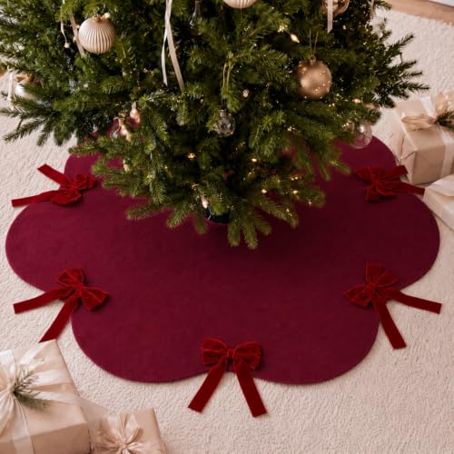 Syhood 30 Inch Burgundy Velvet Christmas Tree Skirt with Scalloped Edge & Bow - Holiday Decor