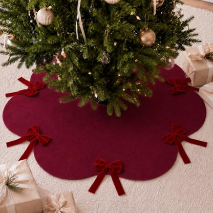 Syhood 30 Inch Burgundy Velvet Christmas Tree Skirt with Scalloped Edge & Bow - Holiday Decor