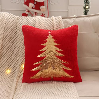Faux Fur Christmas Pillow Covers 18x18 Set of 2 - Red Xmas Tree & Deer