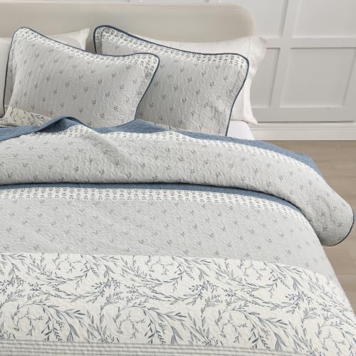 Oversized Cotton King Quilt Set with Botanical Stripe Design - Moonlight Blue/Gray/Off White, 106"x118"