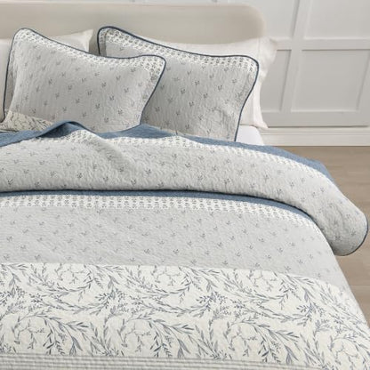 Oversized Cotton King Quilt Set with Botanical Stripe Design - Moonlight Blue/Gray/Off White, 106"x118"