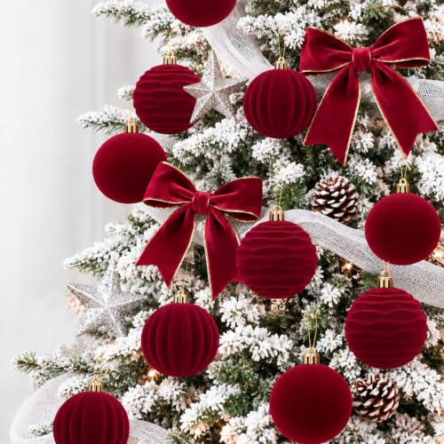 Red Velvet Christmas Ball Ornaments Set - 3.15 Inch, 16 pcs, Decorative Holiday Decor