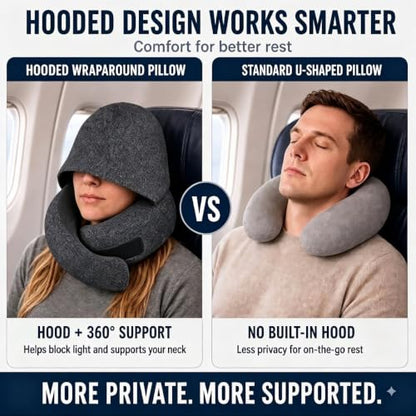 Black Travel Neck Pillow with Hood, Memory Foam Support & Eye Cover