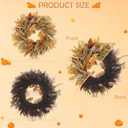 26-Inch Fall Wreath with Wheat Harvest Variation for Front Door, Indoor Outdoor Autumn Decor