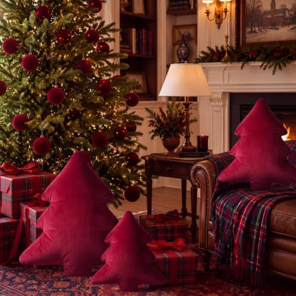 Peryiter Burgundy Red Velvet Christmas Tree Throw Pillows Set - 16 Inches