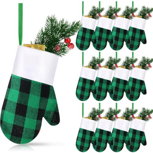 Mini Hanging Christmas Stockings Set - Green Black Plaid & White Trim, 12 Pack