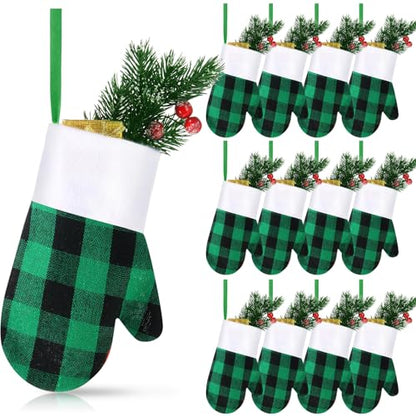Mini Hanging Christmas Stockings Set - Green Black Plaid & White Trim, 12 Pack