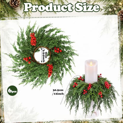 Christmas Candle Ring Set - 3.5 Inch / Festive Wreaths for Decor - 6 Pieces