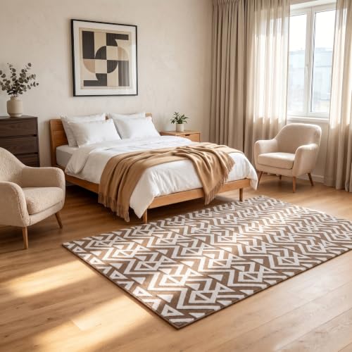 Soft 5x8 Geometric Shaggy Area Rug for Living Room & Bedroom - Non Slip Beige