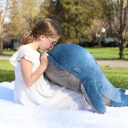 43-Inch Giant Blue Whale Plush Pillow - Soft Stuffed Animal Toy for Kids & Decor