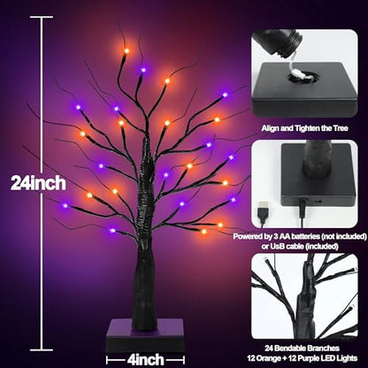 Halloween Lighted Indoor Trees Set - 24 Inch Orange & Purple Decor with Timer