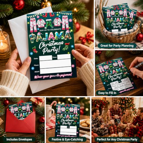 Christmas Pajama Party Invitations Set of 20 with Envelopes