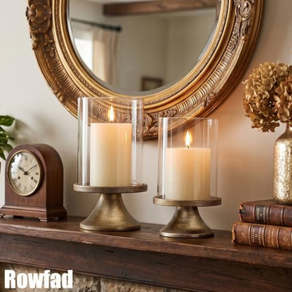 Gold Hurricane Candle Holders Set with Metal Base - Windproof Glass Lanterns for Indoor & Outdoor Decor