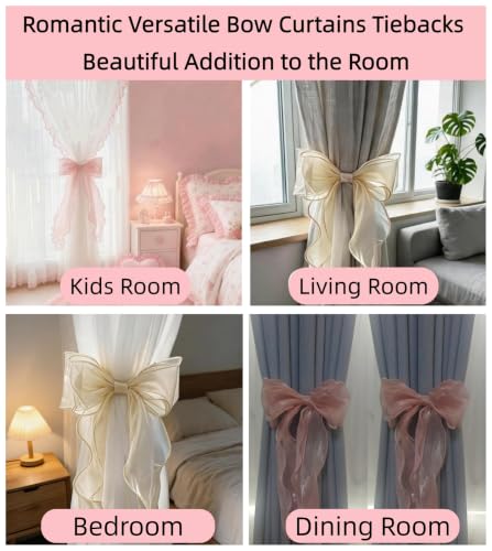 Pink French Silky Bow Curtain Tiebacks - 2 Pack, Elegant Lace Ribbon Holdbacks for Bedroom & Living Room Decor - Hot Pink
