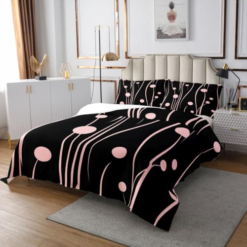 Kids Bedspread Set with Geometric Line and Dandelion Design - Black Pink, King Size