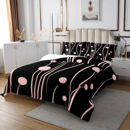Kids Bedspread Set with Geometric Line and Dandelion Design - Black Pink, King Size
