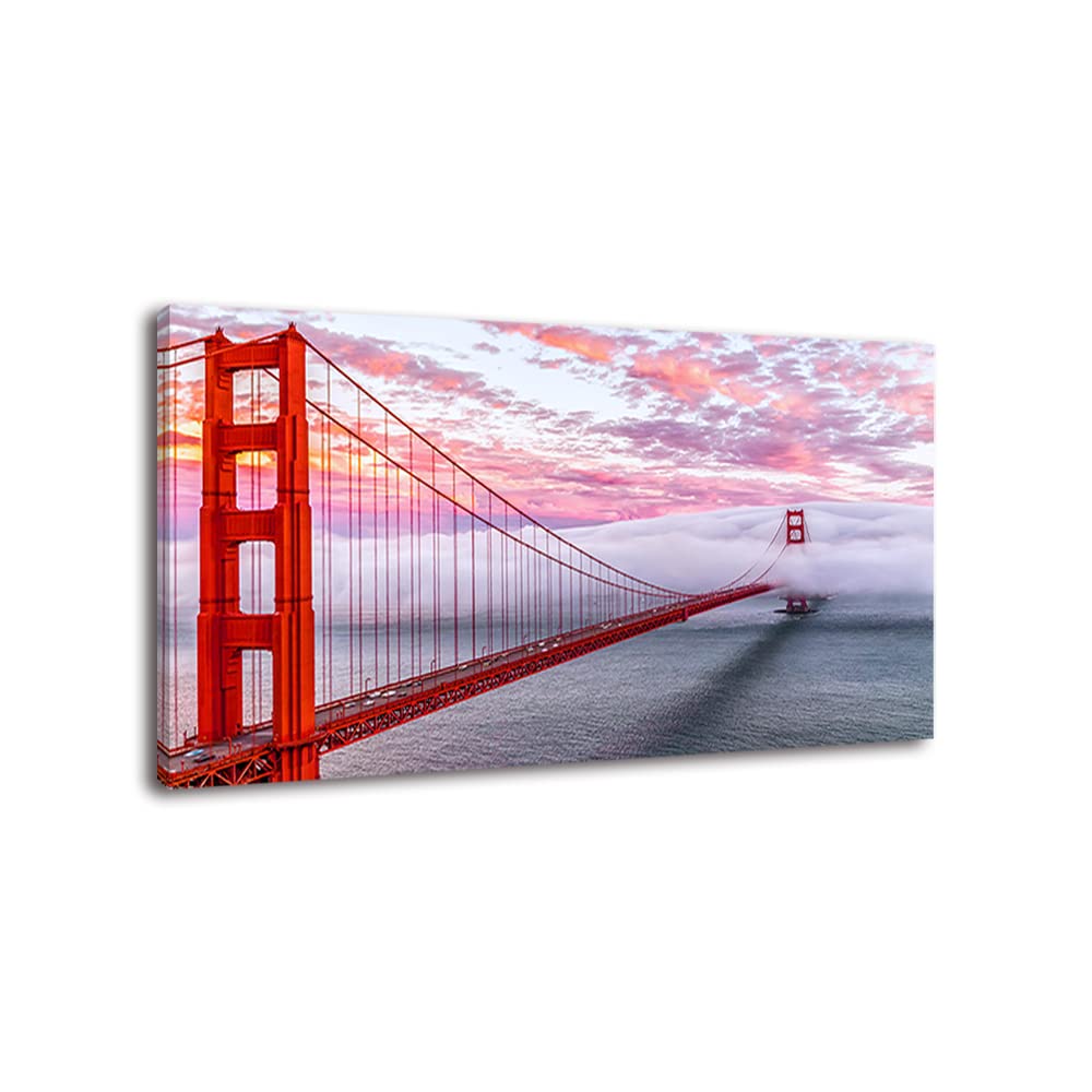 San Francisco Red Golden Gate Bridge At Dusk Canvas Wall Art For BedRoom,Modern Realism City Building Picture,Califonia Foggy Cityscape Painting Decor,Bracket Fixed Ready To Hang,Inner Frame (30x60)