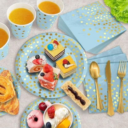 AIRE 175PCS Blue and Gold Disposable Party Plates Set for 25 Guests