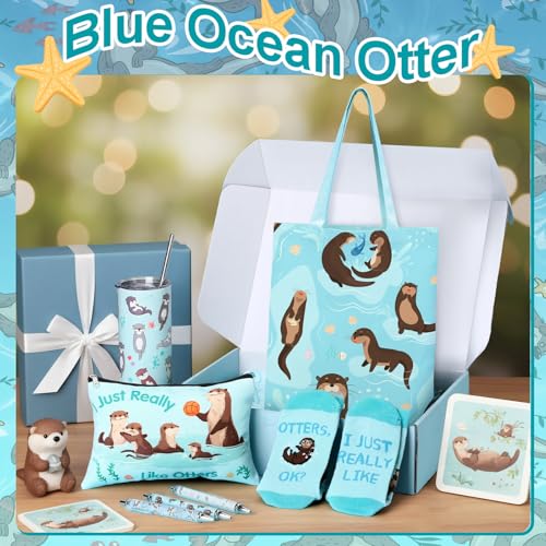 Blue Sea Otter Gift Set - 10 Pcs Tumbler, Blanket, Socks & More (Variation: Blue Sea Otter)