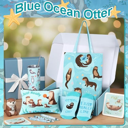 Blue Sea Otter Gift Set - 10 Pcs Tumbler, Blanket, Socks & More (Variation: Blue Sea Otter)
