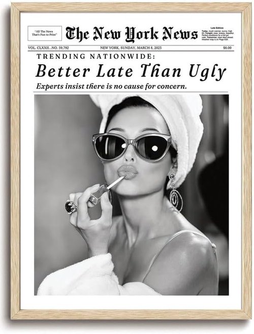 Bwodke OAK Wood Framed Wall Art - Audrey Hepburn Vintage Newspaper Canvas Decor | 8"x10" Trendy Prints for Girly Rooms