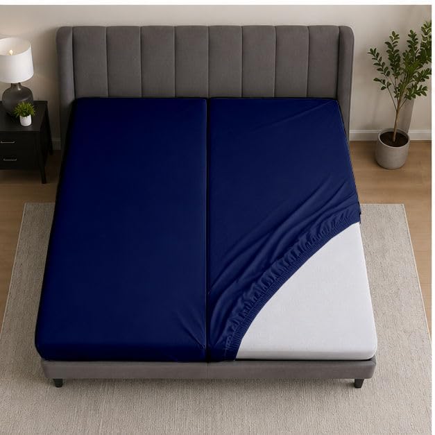 Navy Blue Split Queen Fitted Sheet Set - 12-Inch Deep Pocket, 2 Sheets & Pillowcases