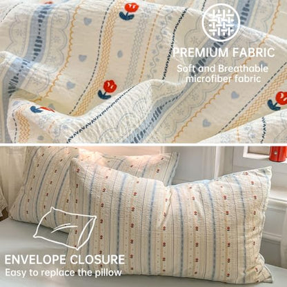 Reversible Blue & White Tulip Floral Duvet Cover Queen Size 90x90 with Pillowcases