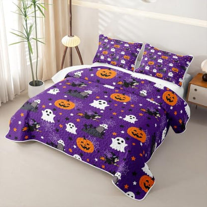 Halloween Quilt Set Black Purple Ghost & Pumpkin Bedding Twin Size with Pillowcases