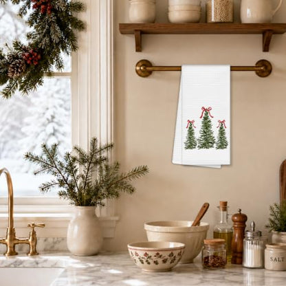 EGBTL Coquette Bow Christmas Tree Kitchen Towels - Three Tree Variation, Red Ribbon Xmas Hand Towels, 16x24 Inches