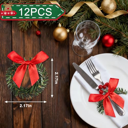 Christmas Napkin Rings Set of 12 Mini Pine Wreath with Red Bow Holiday Decor