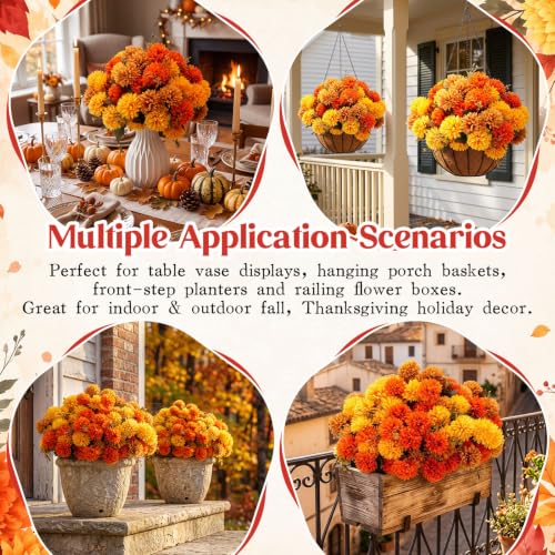 Artificial Fall Flowers Faux Silk Pompom Mums 24 Pack Autumn Decor