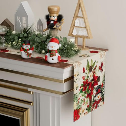 Snowman Poinsettia Christmas Table Runner 13x108 Inch Holiday Home Decor