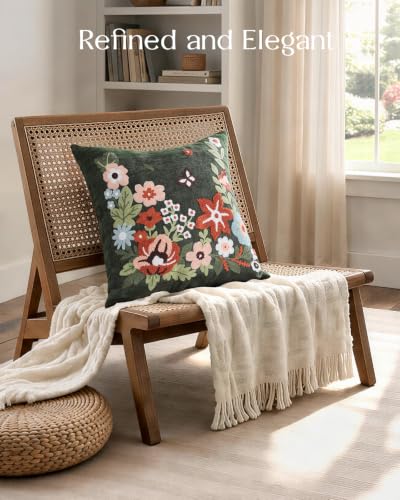 Embroidered Chenille Throw Pillow Cover 18x18 Inch - Green Garden - Pack of 1