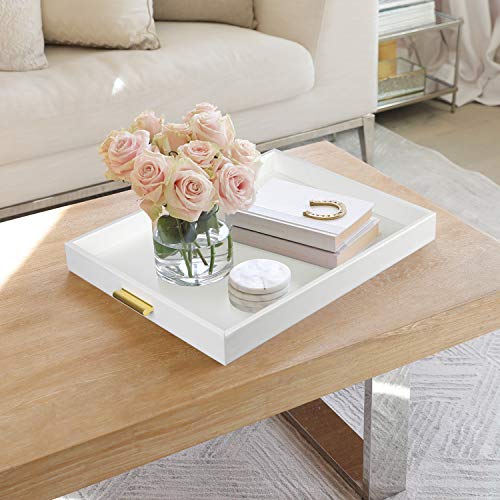 Extra Large Serving Tray with Handles - Faux Leather Storage, White & Gold, 20x16 inches