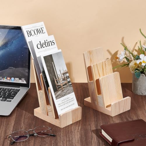 Wooden Brochure Holder Set 2 Pack 3-Tier Desk Literature Racks - Moccasin Finish, 13.3x8.95x19cm