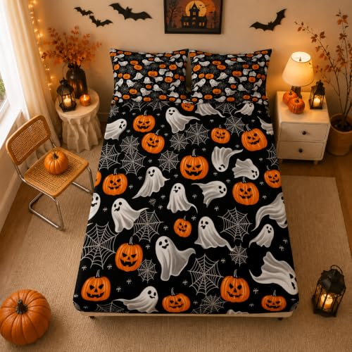 Halloween Ghost Bed Sheets Set Queen Size Deep Pocket Bedding with Pumpkin & Spider Web - Dark Gray/Black