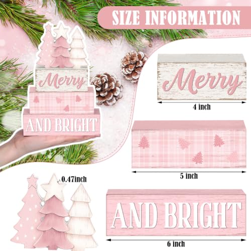 Pink Christmas Wooden Sign Set - Festive Holiday Table Decor, 4 Pieces