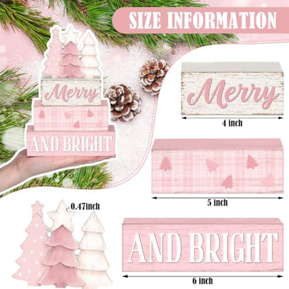 Pink Christmas Wooden Sign Set - Festive Holiday Table Decor, 4 Pieces