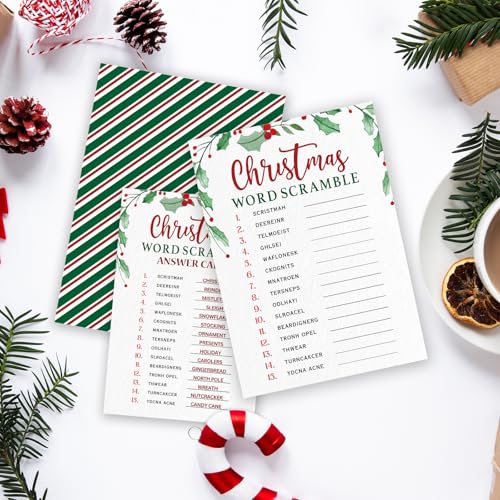 Christmas Word Scramble Party Game Cards - 30 Pack Green Leaf Design, 5x7 Inches