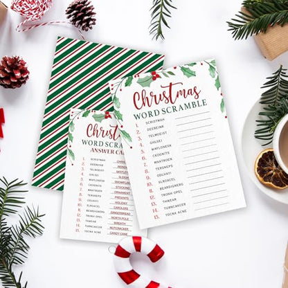 Christmas Word Scramble Party Game Cards - 30 Pack Green Leaf Design, 5x7 Inches